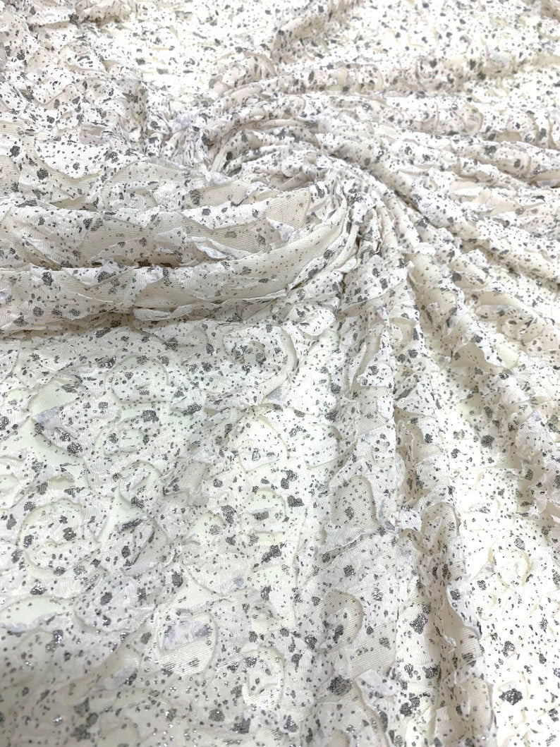 Ivory Double Knit Swirl Pattern Polyester Spandex Fabric - Shiny Silver Foil, Ivory, 56" Width