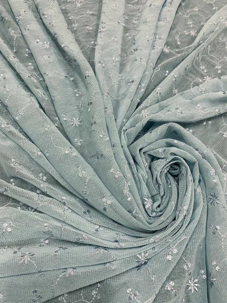 Vintage Floral Embroidered Design Polyester Spandex Mesh Fabric - Floral Embroidery, See-Through, 60" Width