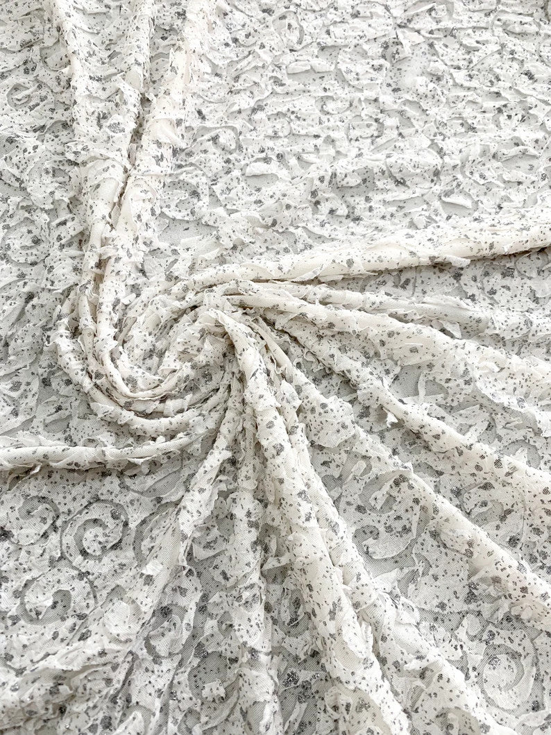 Ivory Double Knit Swirl Pattern Polyester Spandex Fabric - Shiny Silver Foil, Ivory, 56" Width