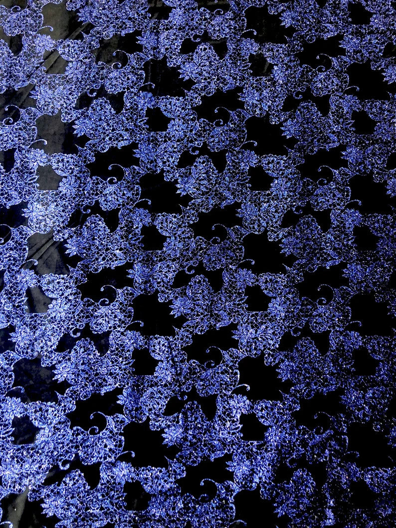 Polyester Velvet Spandex Fabric - Royal Glitters Geometric Design, Royal Blue, 58-60" Width