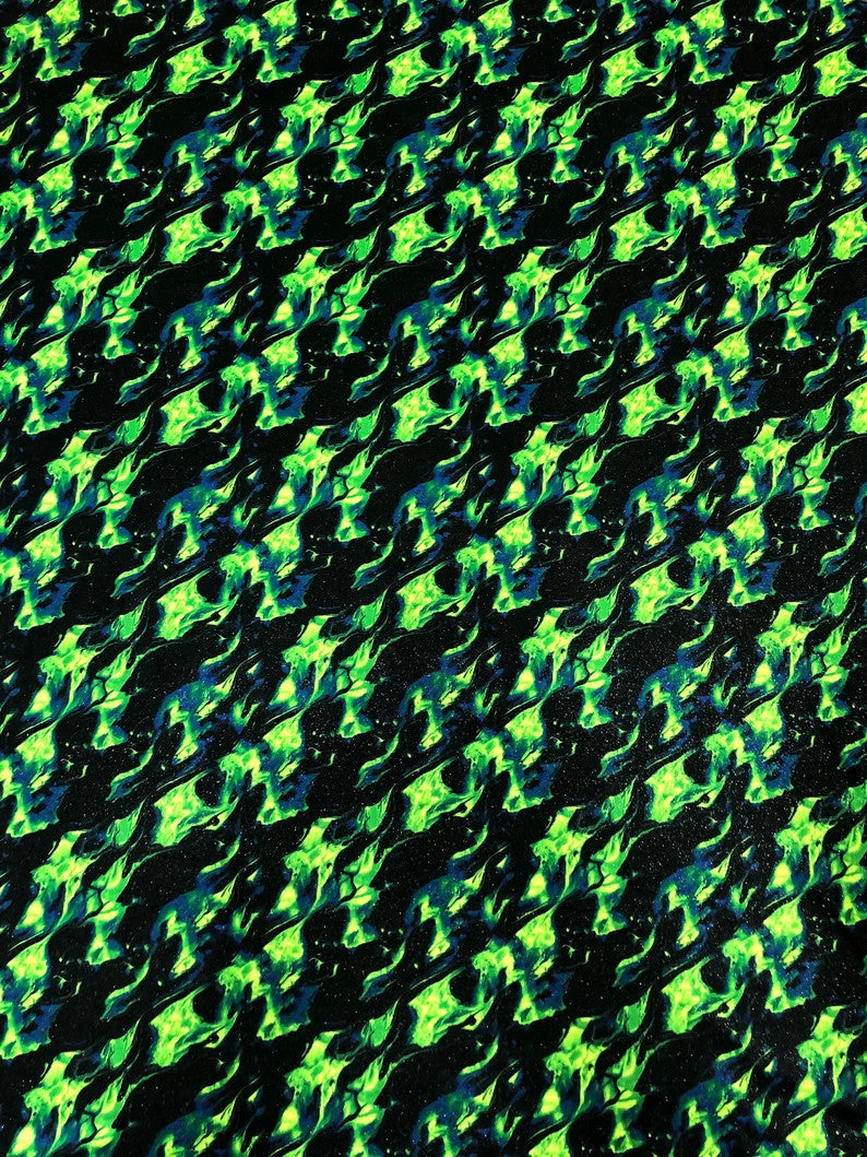 Nylon Spandex Fabric - Silver Glitters Fluorescent Flames Design, Green, Red, 58/60" Width