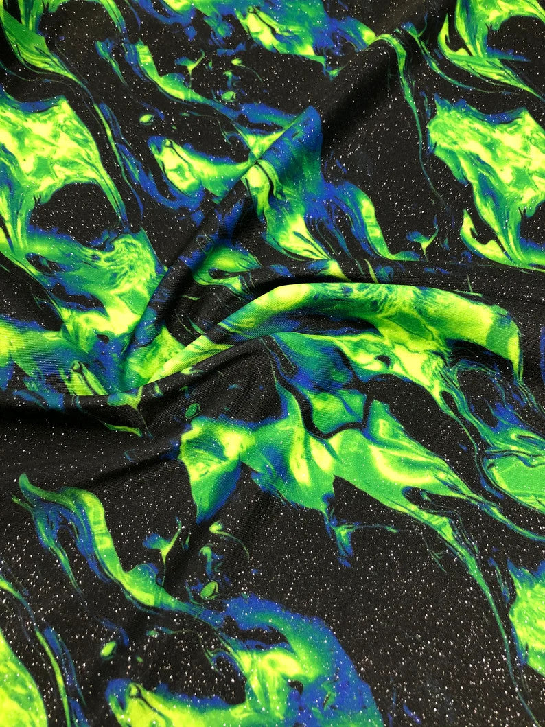 Nylon Spandex Fabric - Silver Glitters Fluorescent Flames Design, Green, Red, 58/60" Width