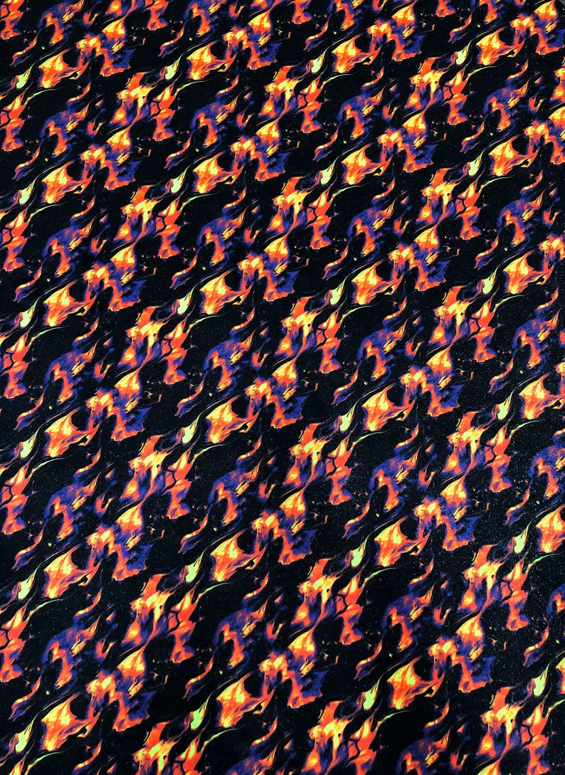 Nylon Spandex Fabric - Silver Glitters Fluorescent Flames Design, Green, Red, 58/60" Width