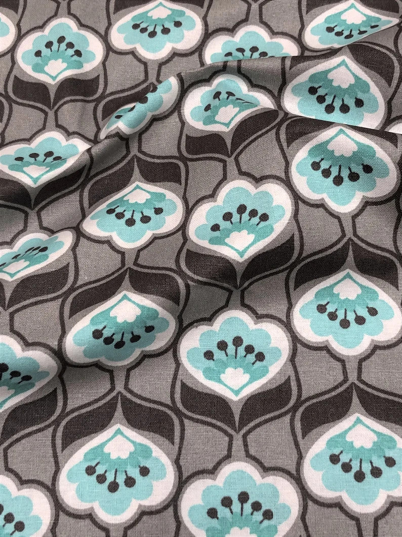 Cotton Floral Design Cotton Fabric - Brown, Light Grey, Aqua, White, 43" Width