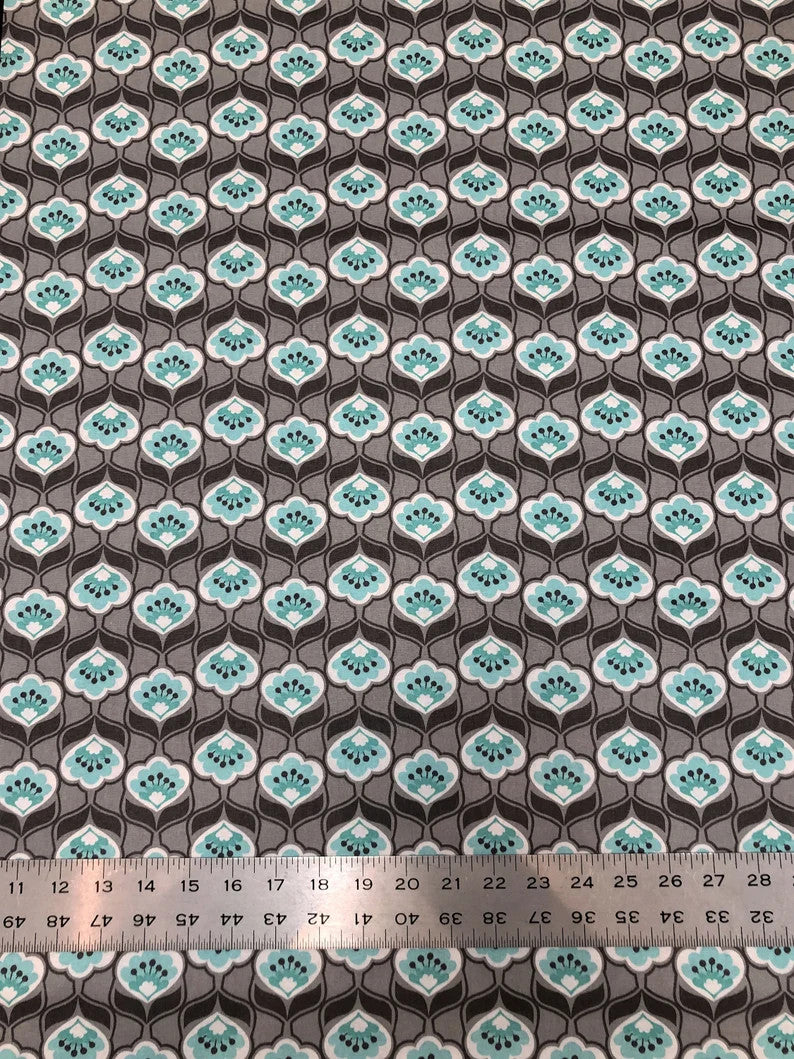 Cotton Floral Design Cotton Fabric - Brown, Light Grey, Aqua, White, 43" Width