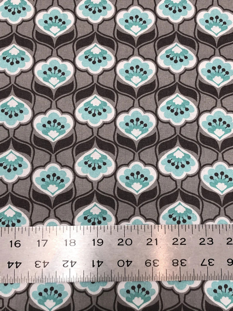 Cotton Floral Design Cotton Fabric - Brown, Light Grey, Aqua, White, 43" Width