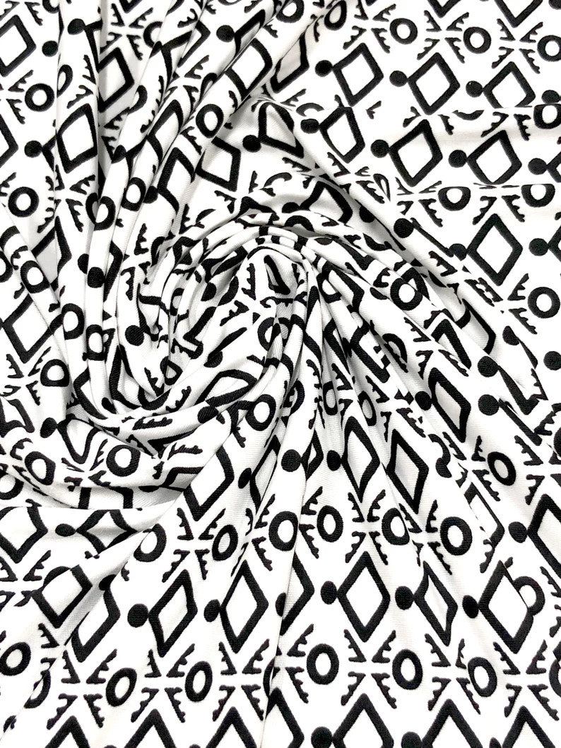 Polyester Spandex Fabric - Small Geometric White And Black Print, 58" Width