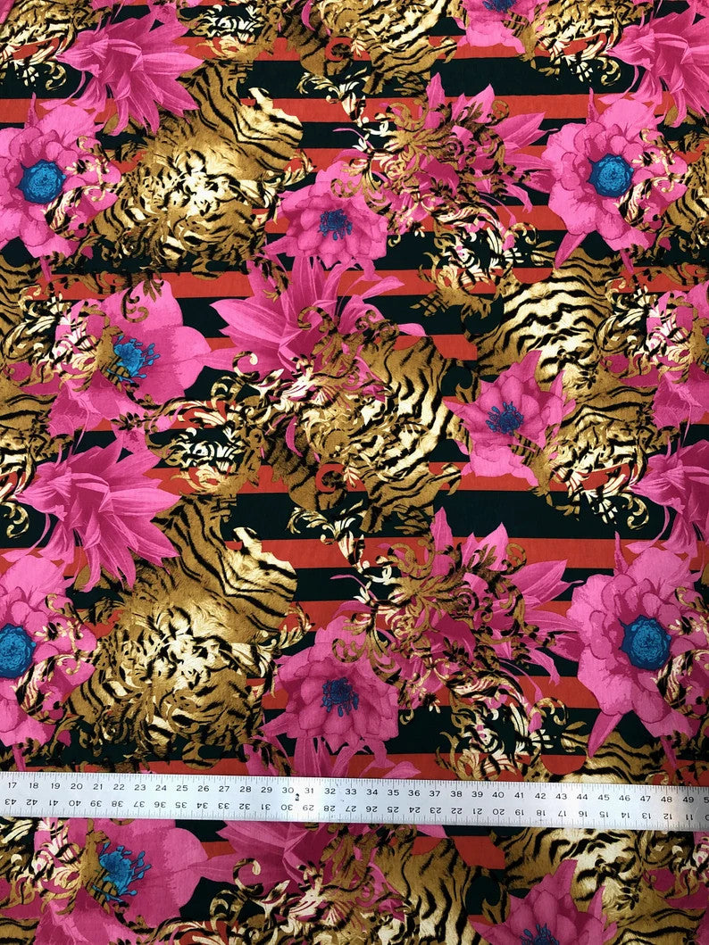 Polyester Spandex Bulgari Fabric - Big Floral & Stripe Design, Pink/Brown, Brown/Black, 58"-60" Width