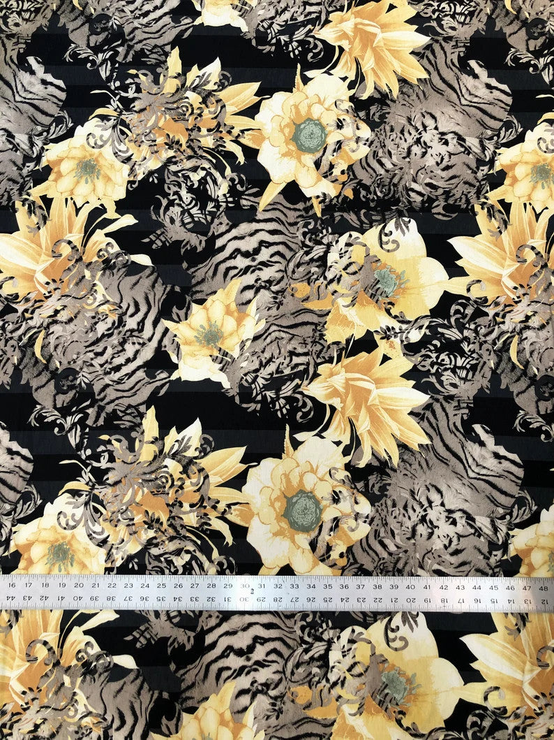 Polyester Spandex Bulgari Fabric - Big Floral & Stripe Design, Pink/Brown, Brown/Black, 58"-60" Width