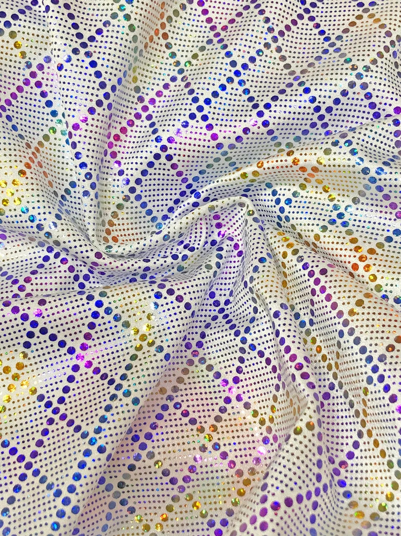Nylon Spandex Fabric - Medium Weight, 4-Way Stretch, Small Geometric Shiny Foil, White, Black, 58" To 60" Width