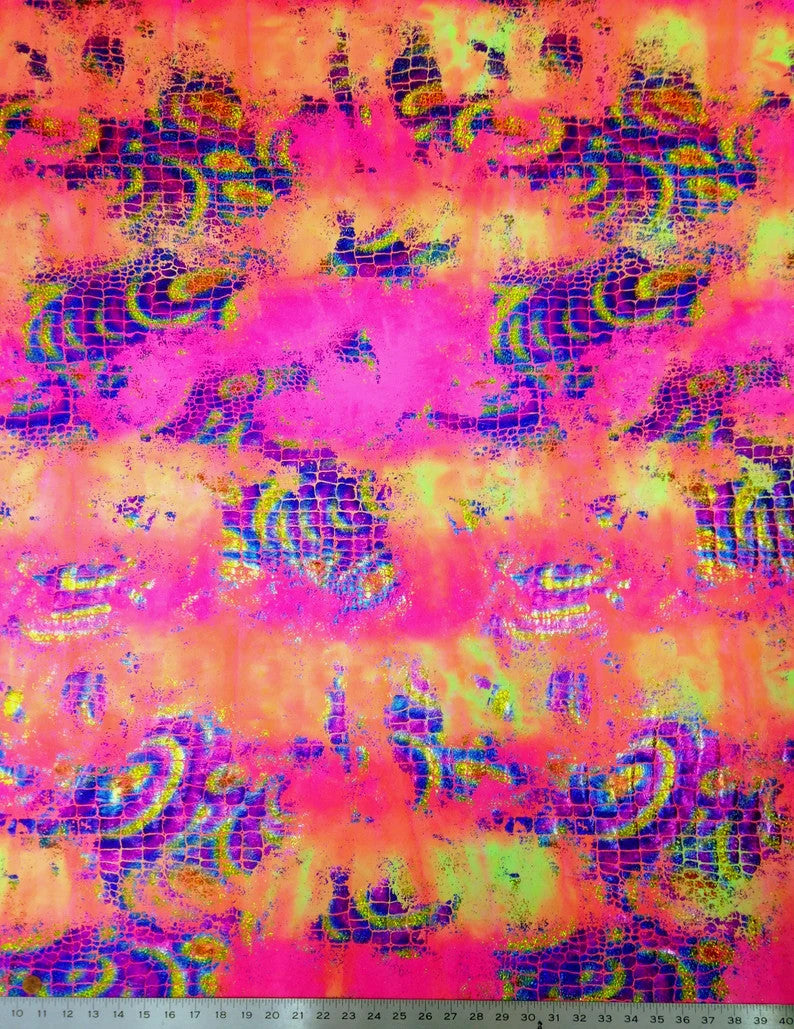Holographic Shiny Foil Big Reptile Tie Dye Pattern Nylon Spandex Fabric - Green, Purple, Orange, 58"- 60" Wide