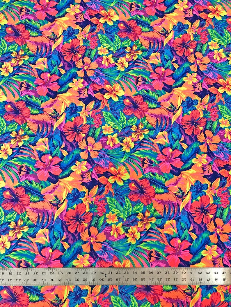 Restocked Nylon Spandex Fabric - Neon Tropical Floral Design, Rainbow Multi, Blue Green, Purple Blue, Orange Pink, 58" To 60" Width
