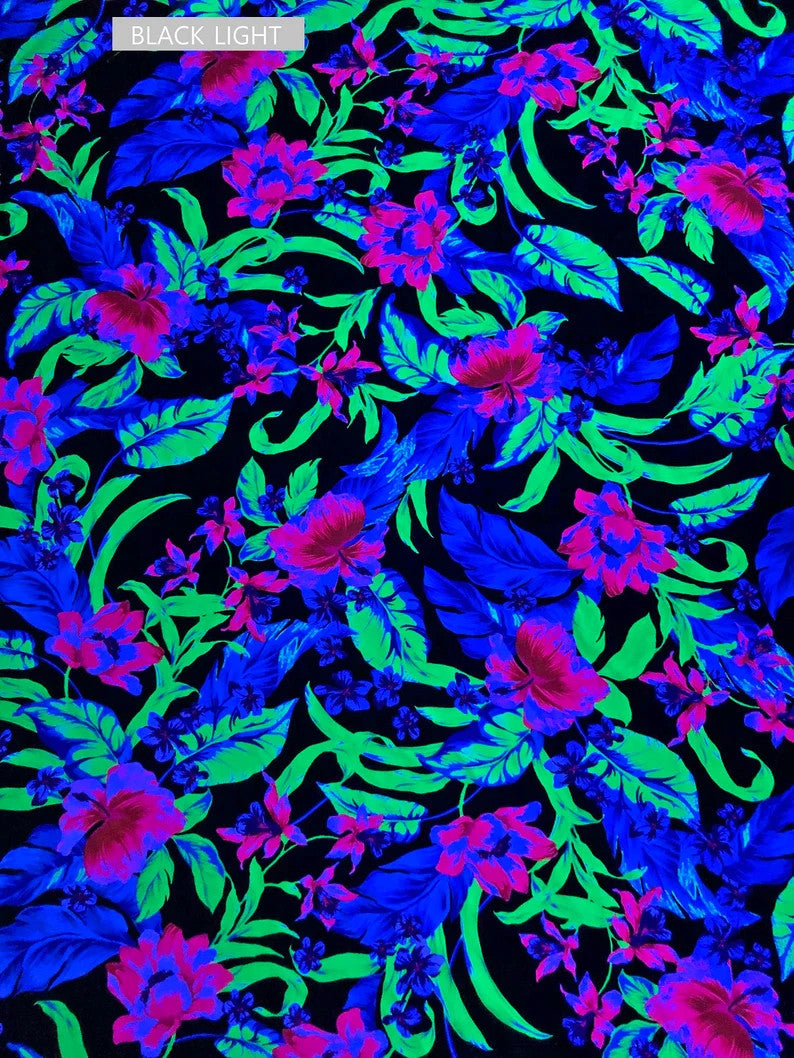 Nylon Spandex Fabric - Medium Weight, 4-Way Stretch, Big Neon Tropical Flowers Design, 58" To 60" Width