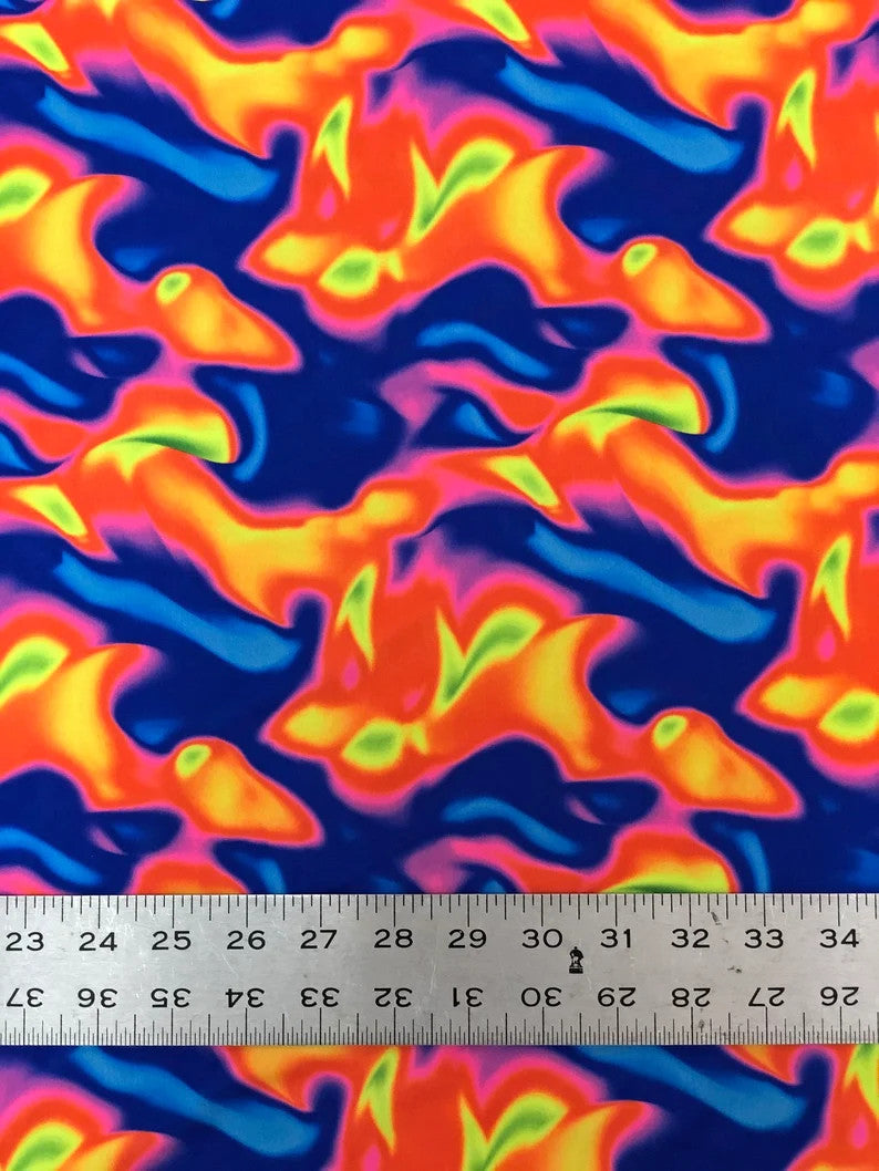 Neon Abstract Nylon Spandex Fabric - Neon Orange/Pink, Neon Orange/Blue, Abstract Print, 58" To 60" Width