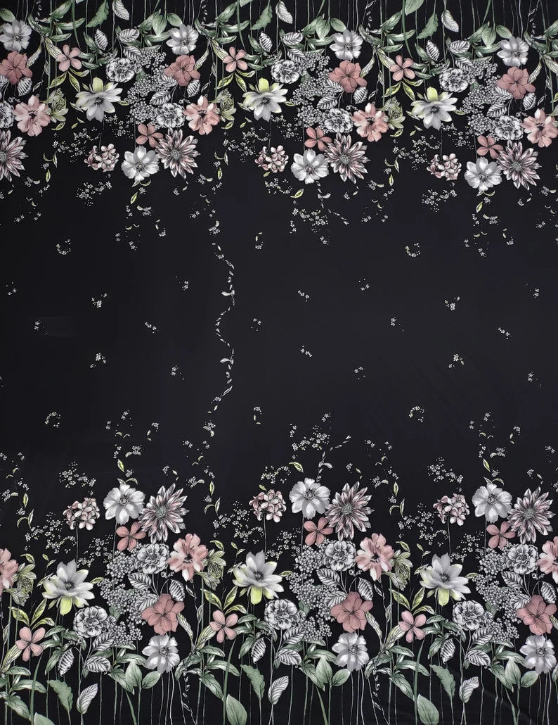Polyester Spandex Fabric - Border Floral Print, Light Weight, 58"-60" Width