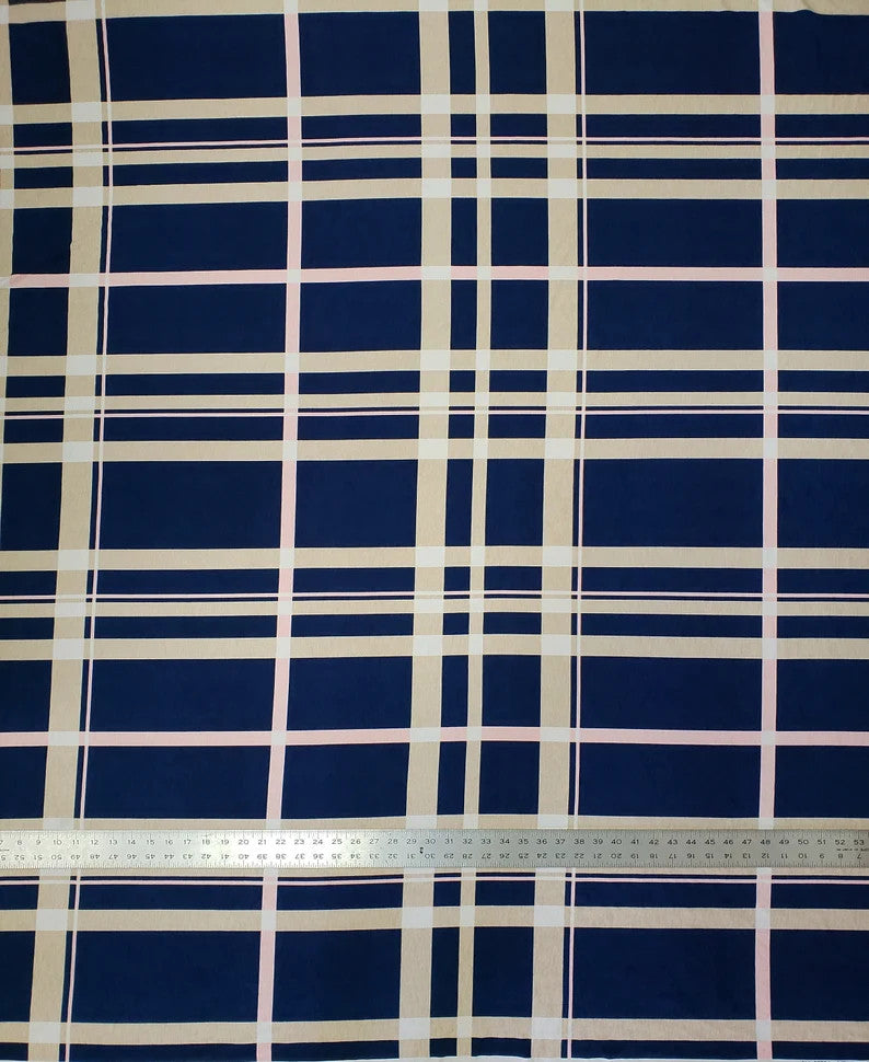 Polyester Spandex Bulgari Fabric - Large Plaid Print, Navy, Taupe, 58"-60" Width