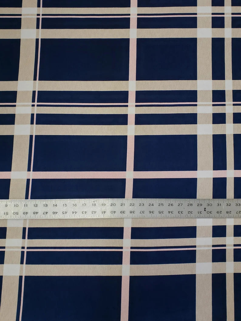 Polyester Spandex Bulgari Fabric - Large Plaid Print, Navy, Taupe, 58"-60" Width