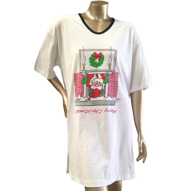 Santa Claus Animated Sleepshirt 100 Percent Cotton Fabric - Matte Studs, Side Slits, One Size Fits Most