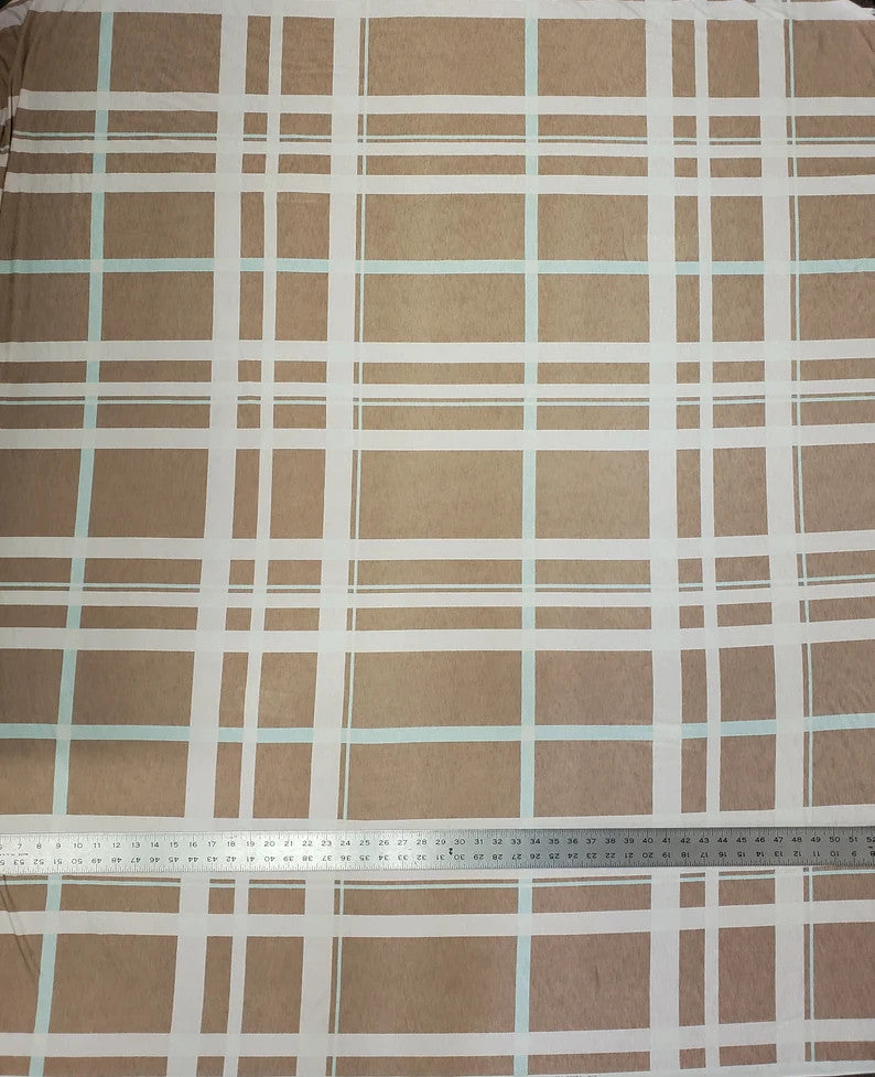 Polyester Spandex Bulgari Fabric - Large Plaid Print, Navy, Taupe, 58"-60" Width