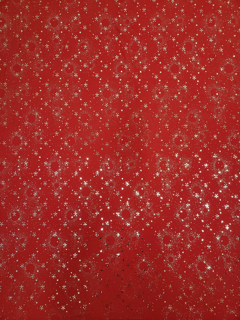 Circle Glitter And Small Sequins Polyester Spandex ITY Fabric - Red/Silver Glitter Sequins, 56" To 58" Width