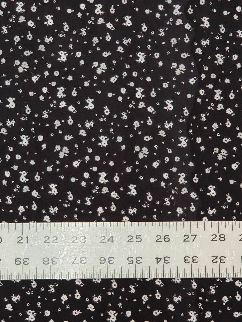 Tiny White Flowers On Black Cotton Spandex Fabric - Black With Tiny White Flowers, 58"-60" Width