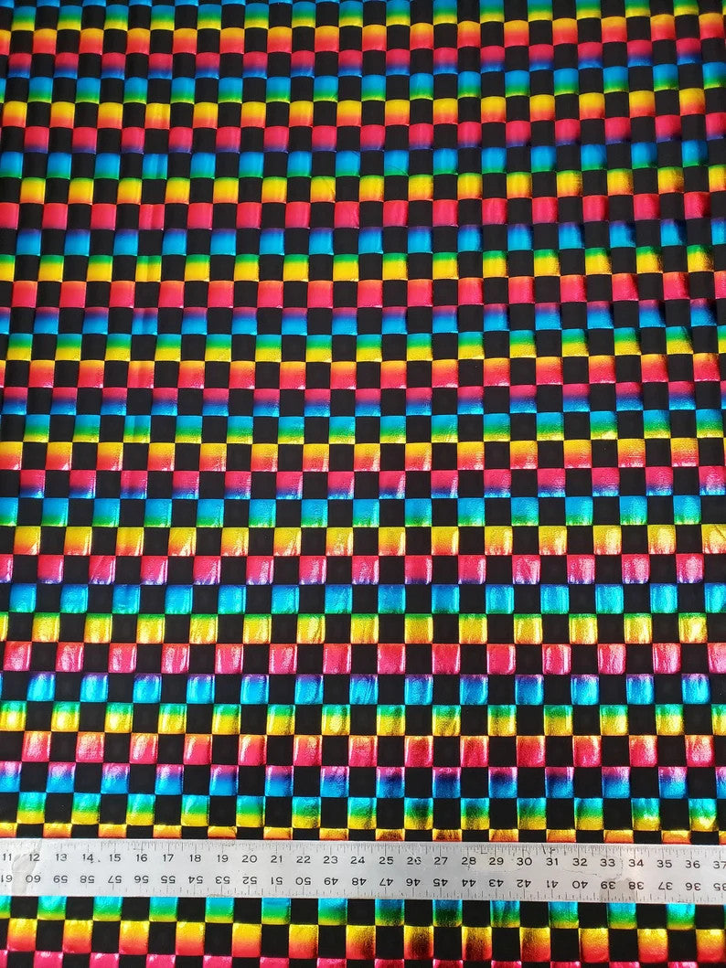 Colorful Shiny Foil Ombre Checkered Polyester Spandex Fabric - 1 Inch Checkered, 58" Width