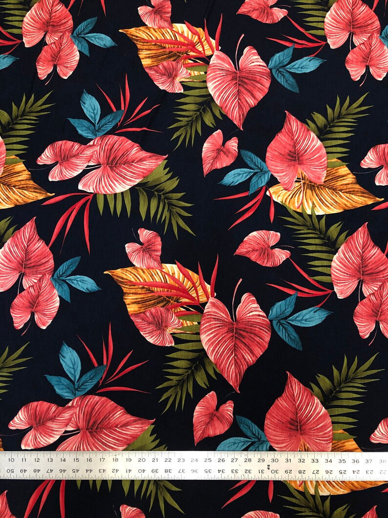 Big Leaves Print Polyester Spandex Fabric - Dark Navy Leaf Print, 58" To 60" Width
