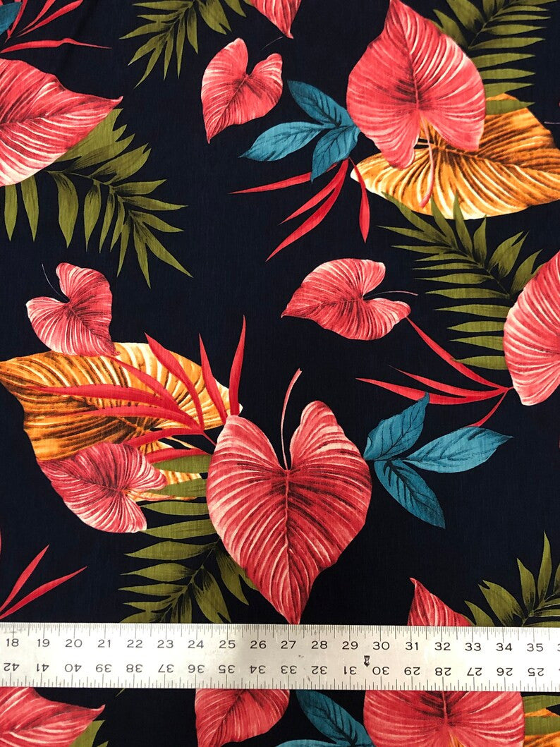 Big Leaves Print Polyester Spandex Fabric - Dark Navy Leaf Print, 58" To 60" Width