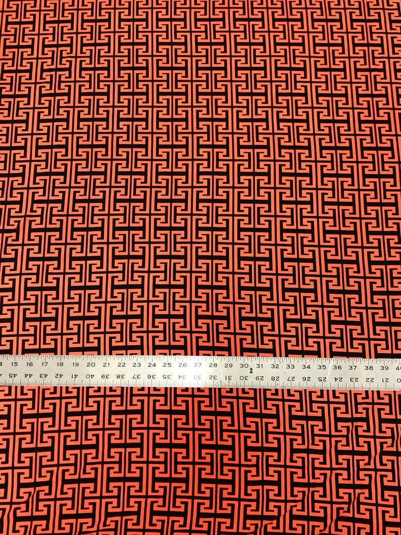 Neon Trendy Colors Polyester Spandex Fabric - Greek Key Print, Neon Orange, Neon Lime, 58"-60" Width