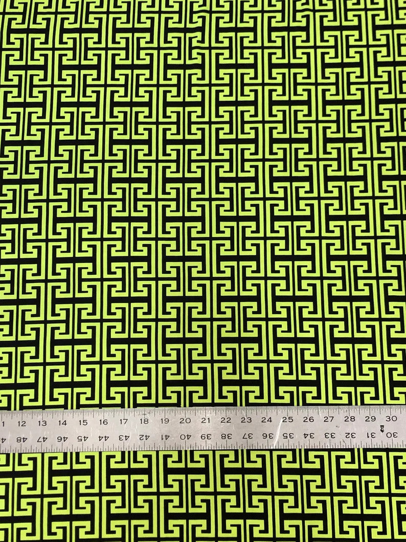Neon Trendy Colors Polyester Spandex Fabric - Greek Key Print, Neon Orange, Neon Lime, 58"-60" Width