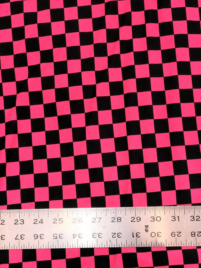 Bright Neon Checker Squares Pattern Polyester Spandex Fabric - Neon Fuchsia, Neon Green, Checker Squares, 58"- 60" Width