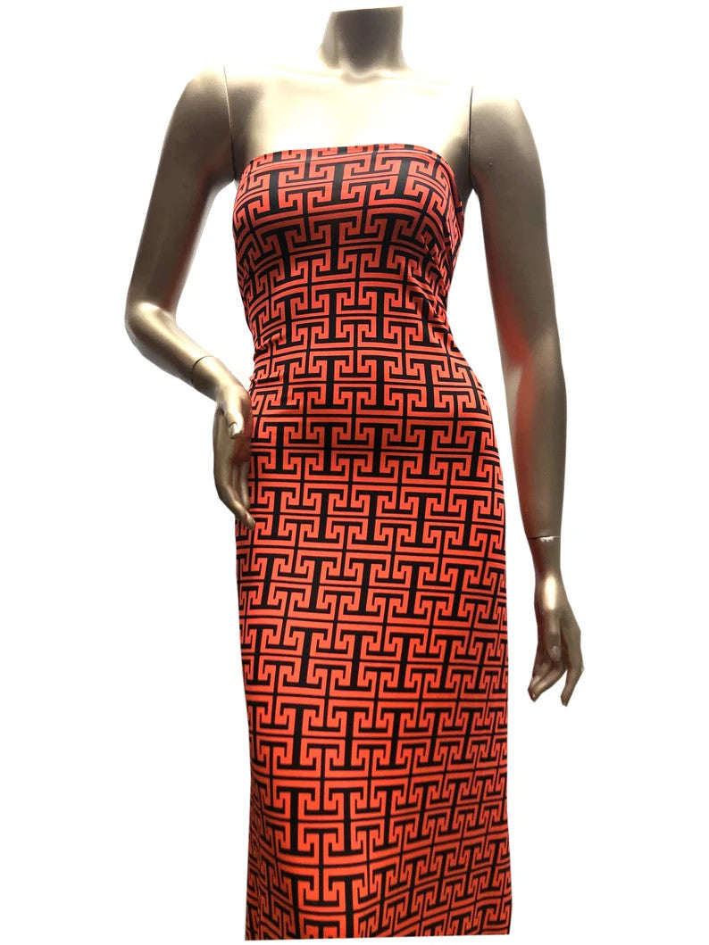 Neon Trendy Colors Polyester Spandex Fabric - Greek Key Print, Neon Orange, Neon Lime, 58"-60" Width