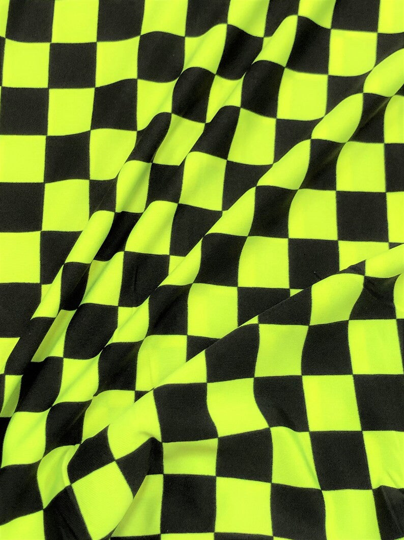 Bright Neon Checker Squares Pattern Polyester Spandex Fabric - Neon Fuchsia, Neon Green, Checker Squares, 58"- 60" Width