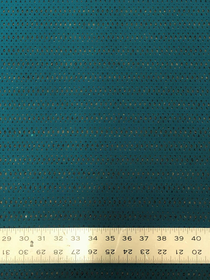 Nylon Spandex Mesh Fabric - See Through Laser Cut, 4-Way Stretch, Dark Jade, Dark Coral, 58/60" Width