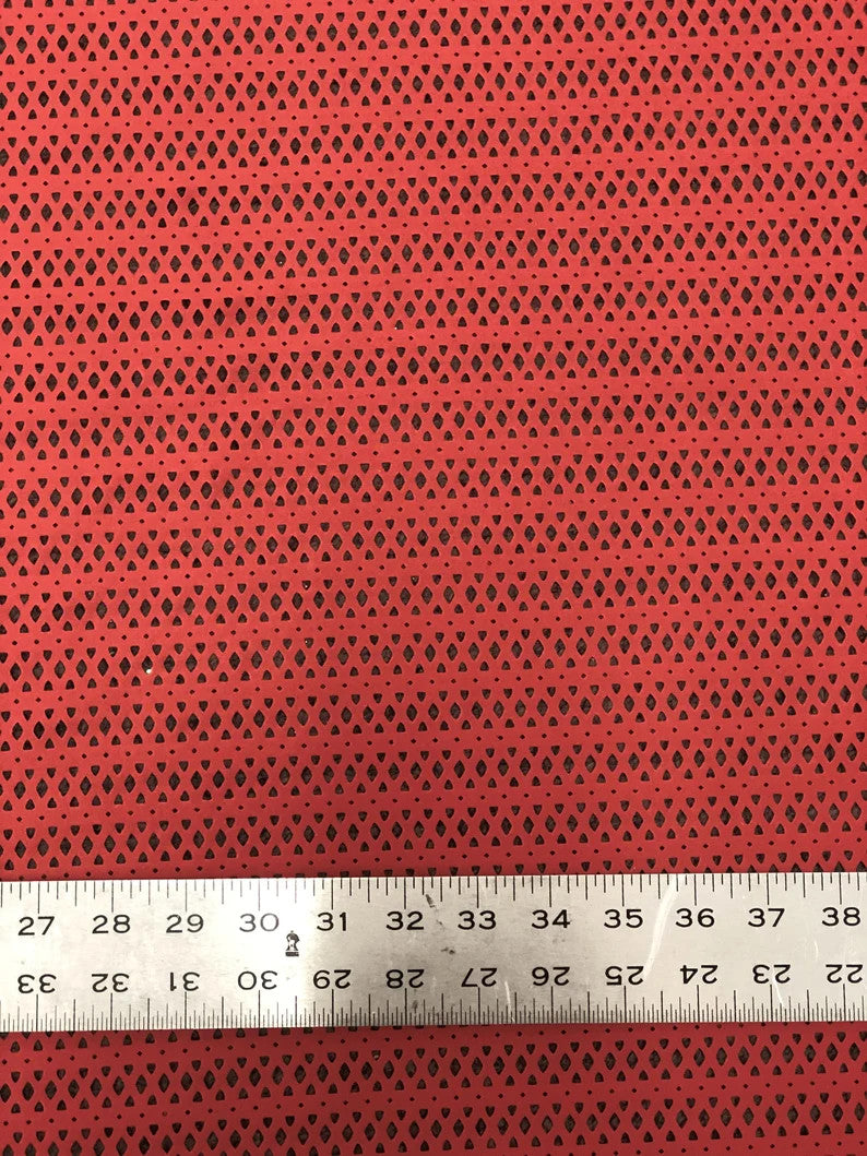 Nylon Spandex Mesh Fabric - See Through Laser Cut, 4-Way Stretch, Dark Jade, Dark Coral, 58/60" Width