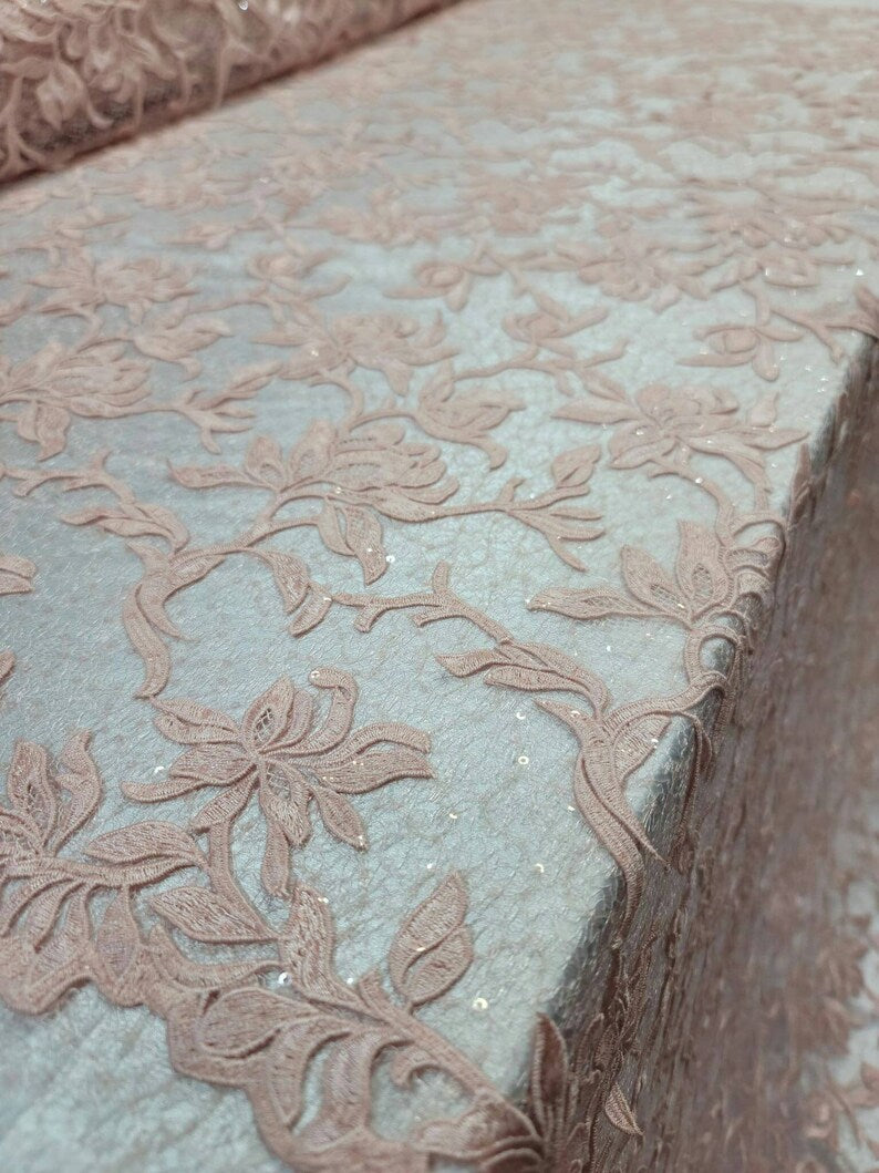 Embroidery Lace Guipure Floral Sequin Mesh Blush