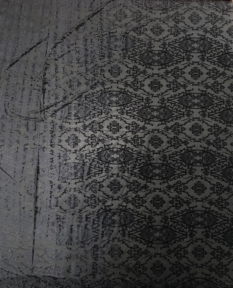 Small Damask Burnout Velvet Polyester Spandex Fabric - Damask Pattern, See Through, 60" Width