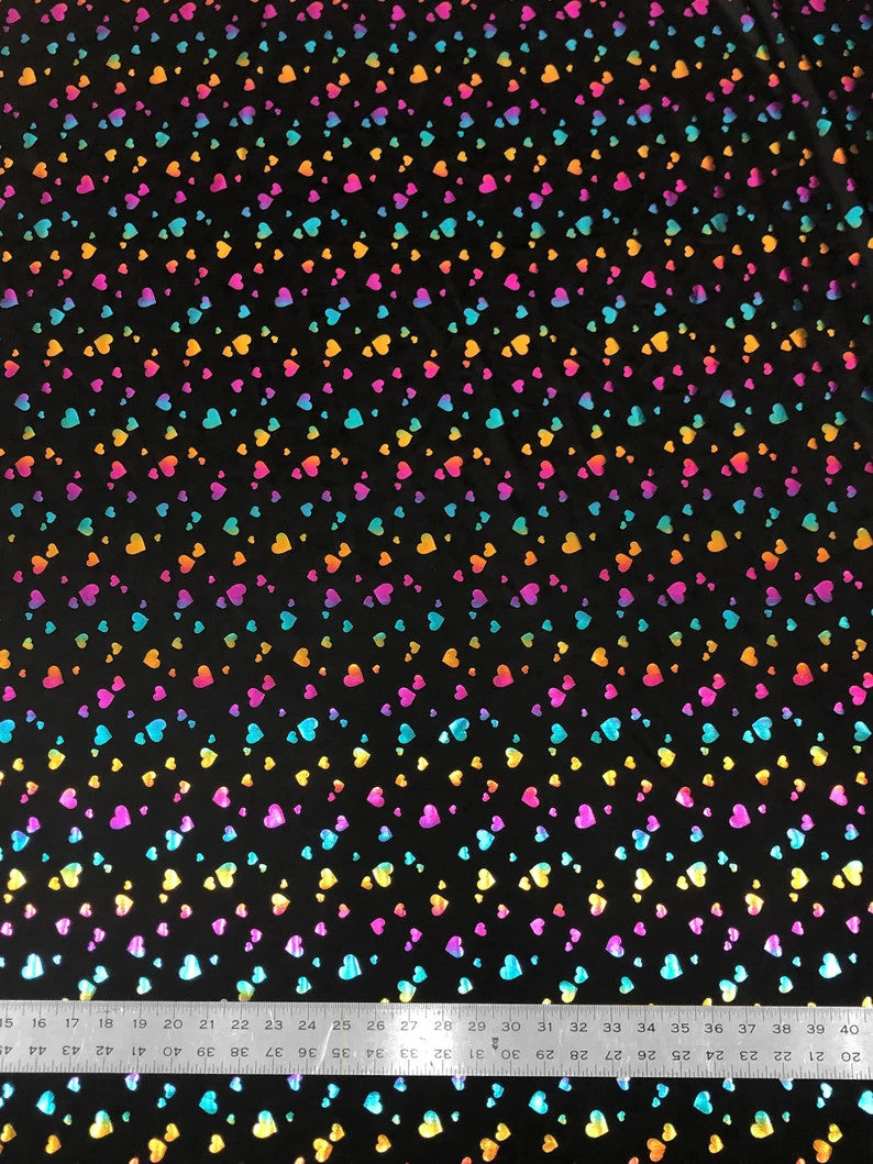 Multi Color Foil Hearts On Black Nylon Spandex Fabric - Black, Multi Color Foil Hearts, 58"-60" Width