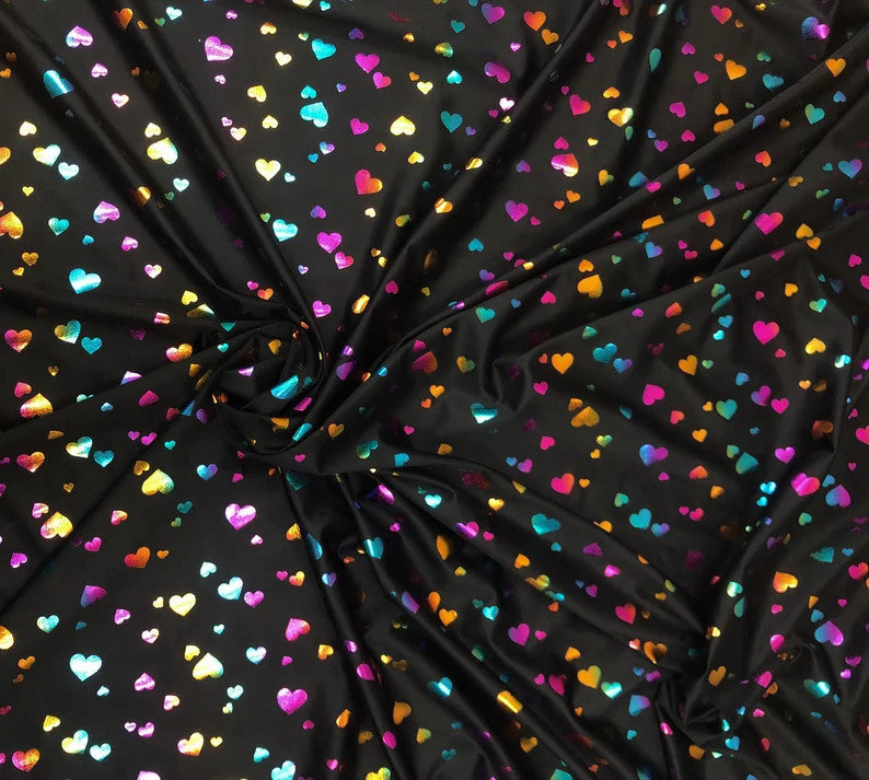 Multi Color Foil Hearts On Black Nylon Spandex Fabric - Black, Multi Color Foil Hearts, 58"-60" Width