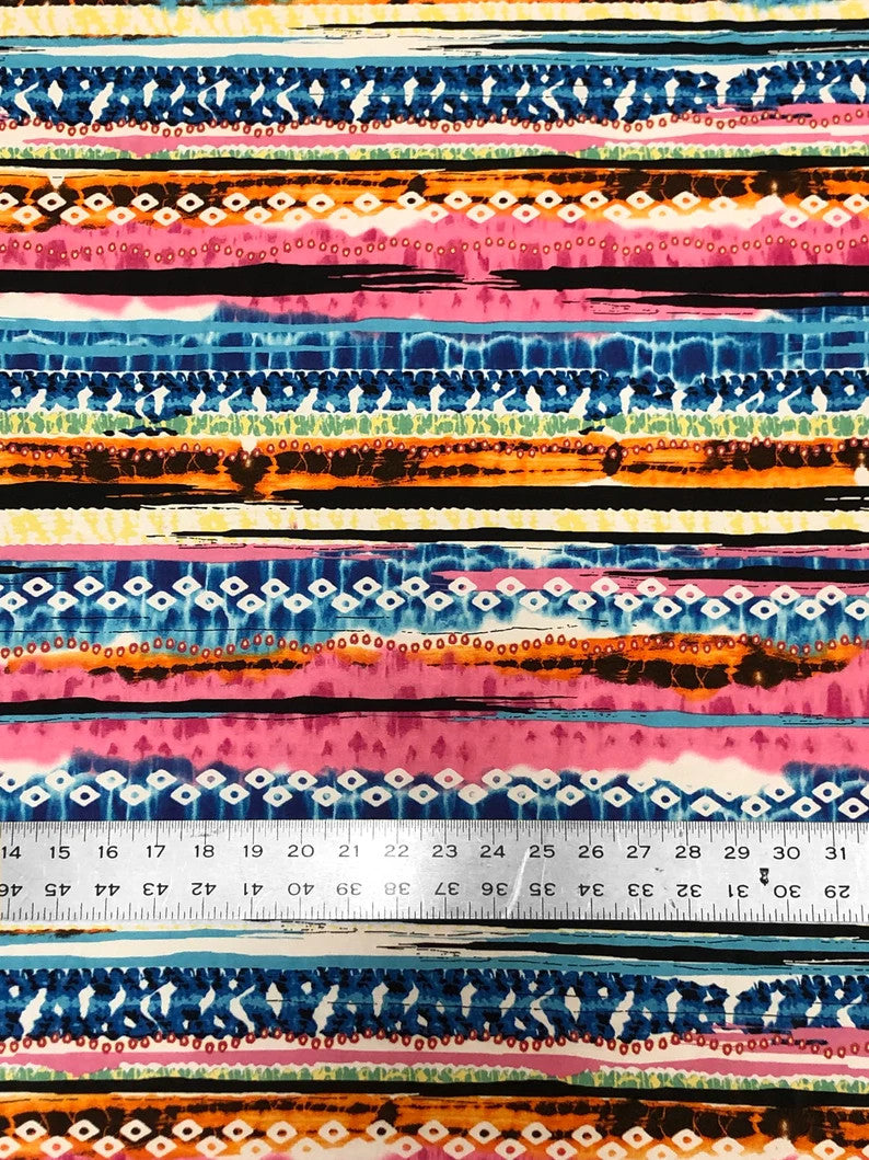 Colorful Tribal Venezia Polyester Spandex Fabric - Tribal Print, Black/Pink, Green/Purple, 58"-60" Width