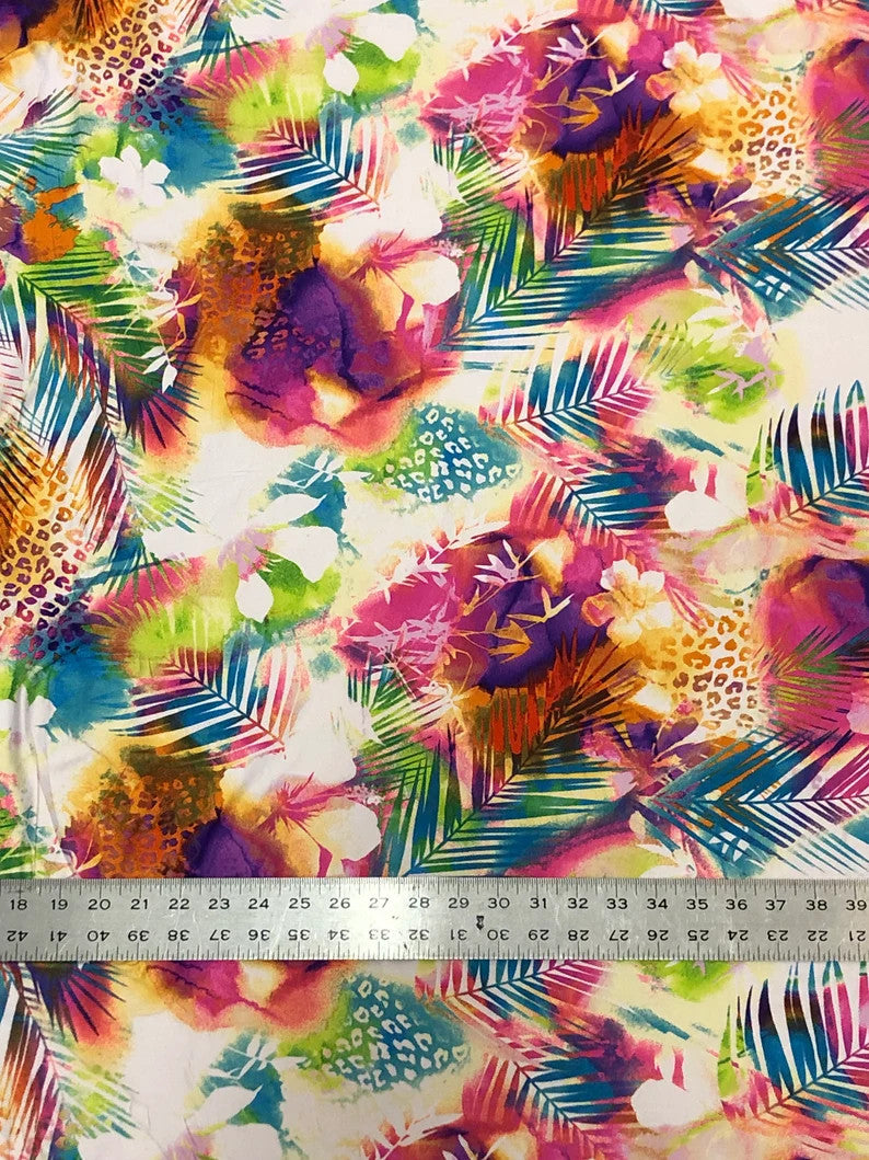 Bright Leaves & Leopard Print Polyester Spandex Fabric - Pink, Green, Leopard Print, 58" To 60" Width