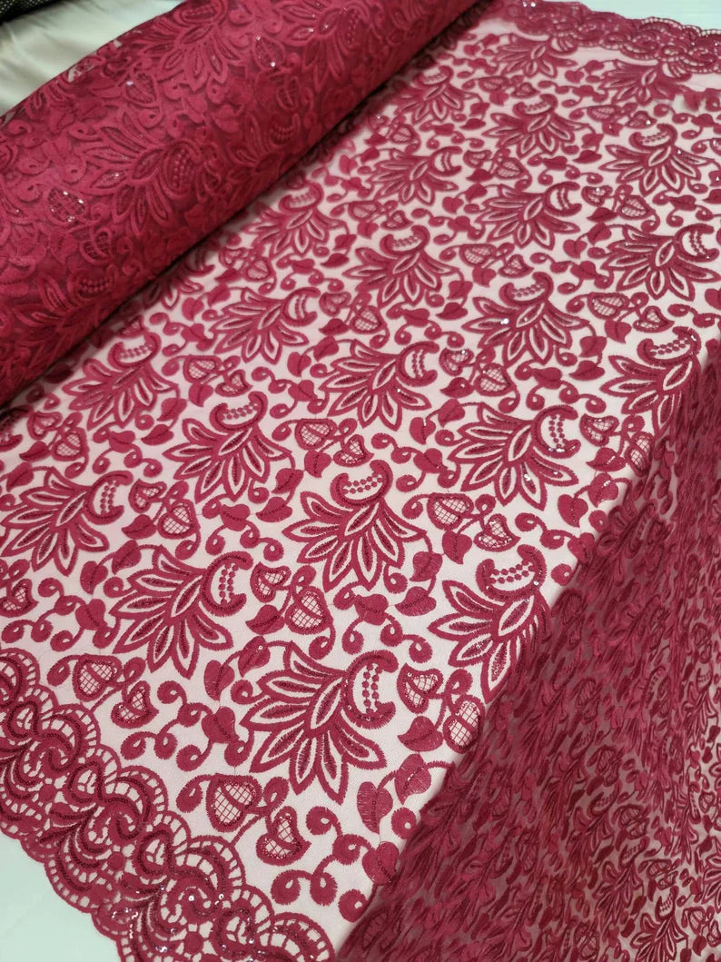 Embroidered Lace Burgundy Floral Clear Sequin