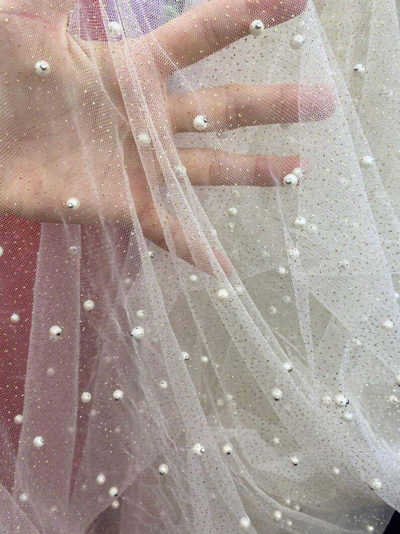 Pearl Beaded Glittery Mesh Tulle