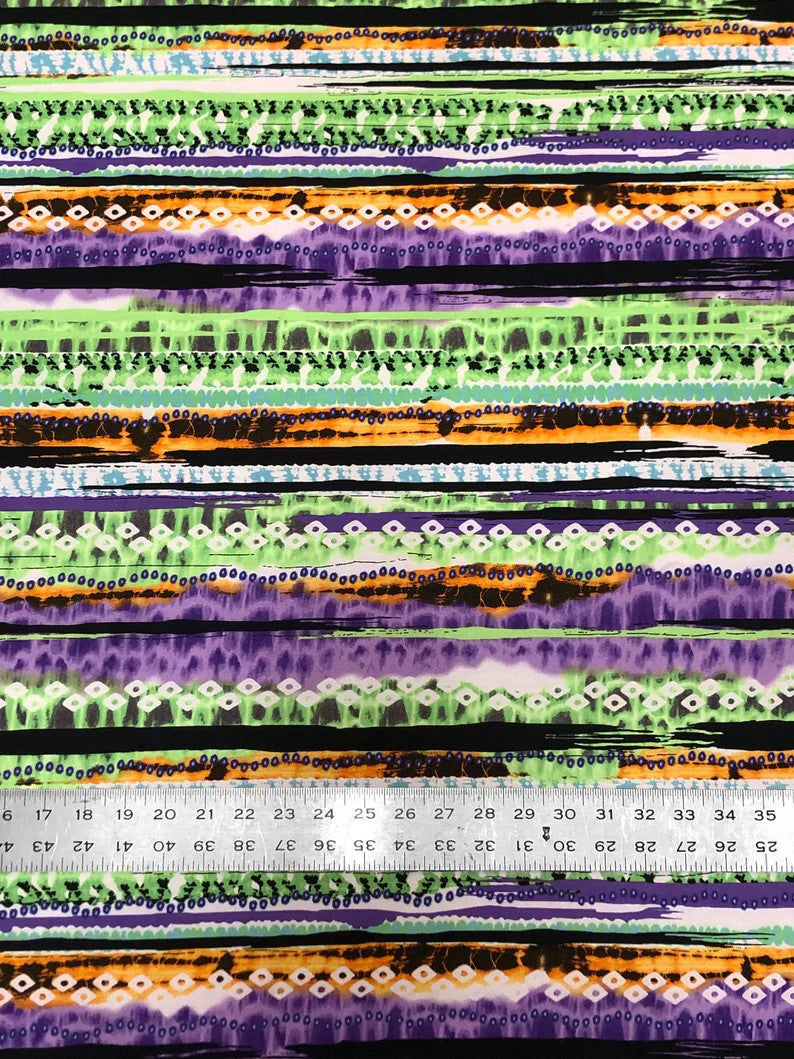 Colorful Tribal Venezia Polyester Spandex Fabric - Tribal Print, Black/Pink, Green/Purple, 58"-60" Width