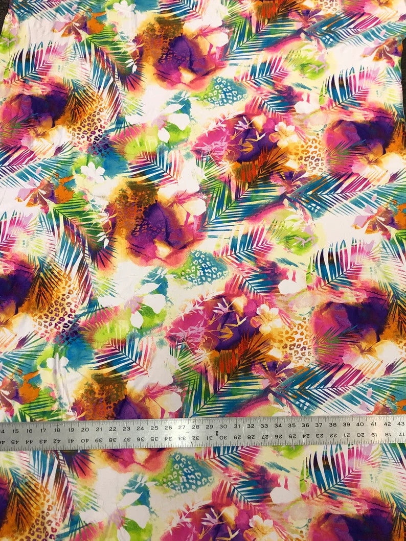 Bright Leaves & Leopard Print Polyester Spandex Fabric - Pink, Green, Leopard Print, 58" To 60" Width