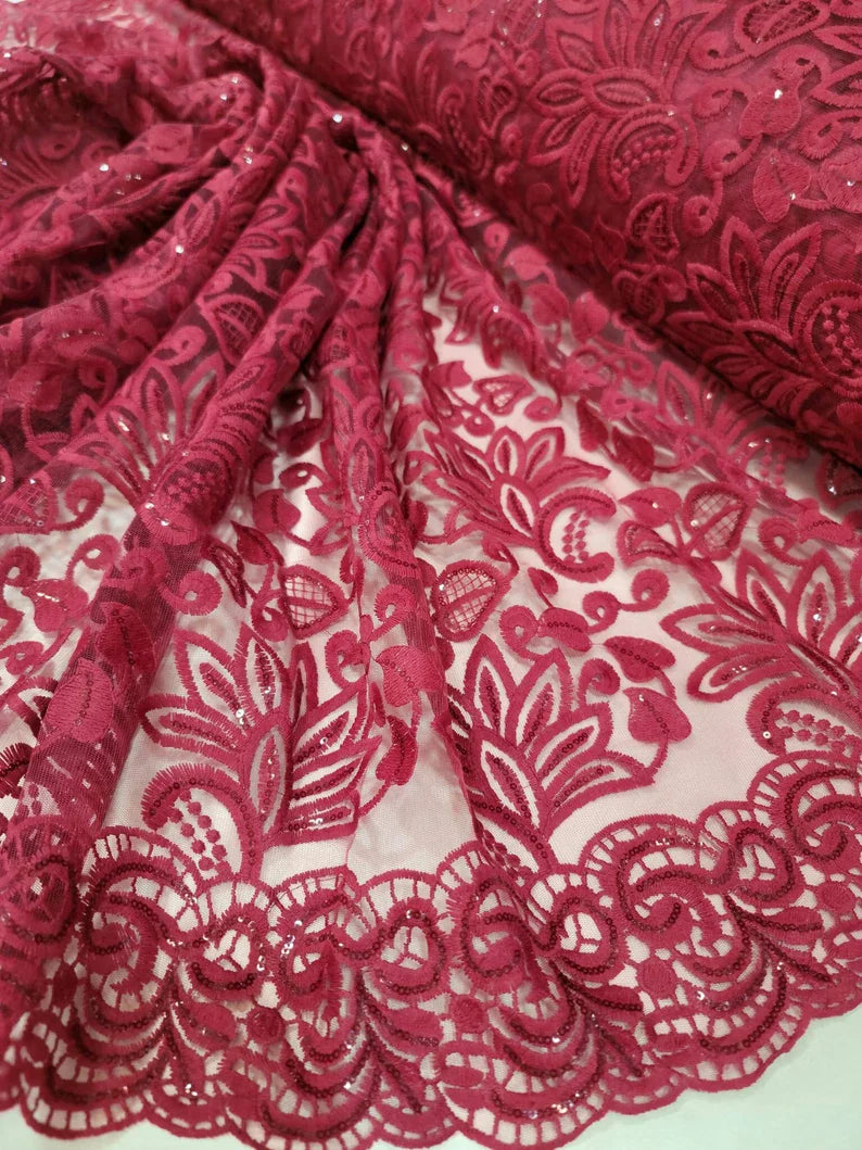 Embroidered Lace Burgundy Floral Clear Sequin