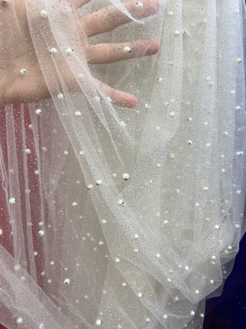 Pearl Beaded Glittery Mesh Tulle