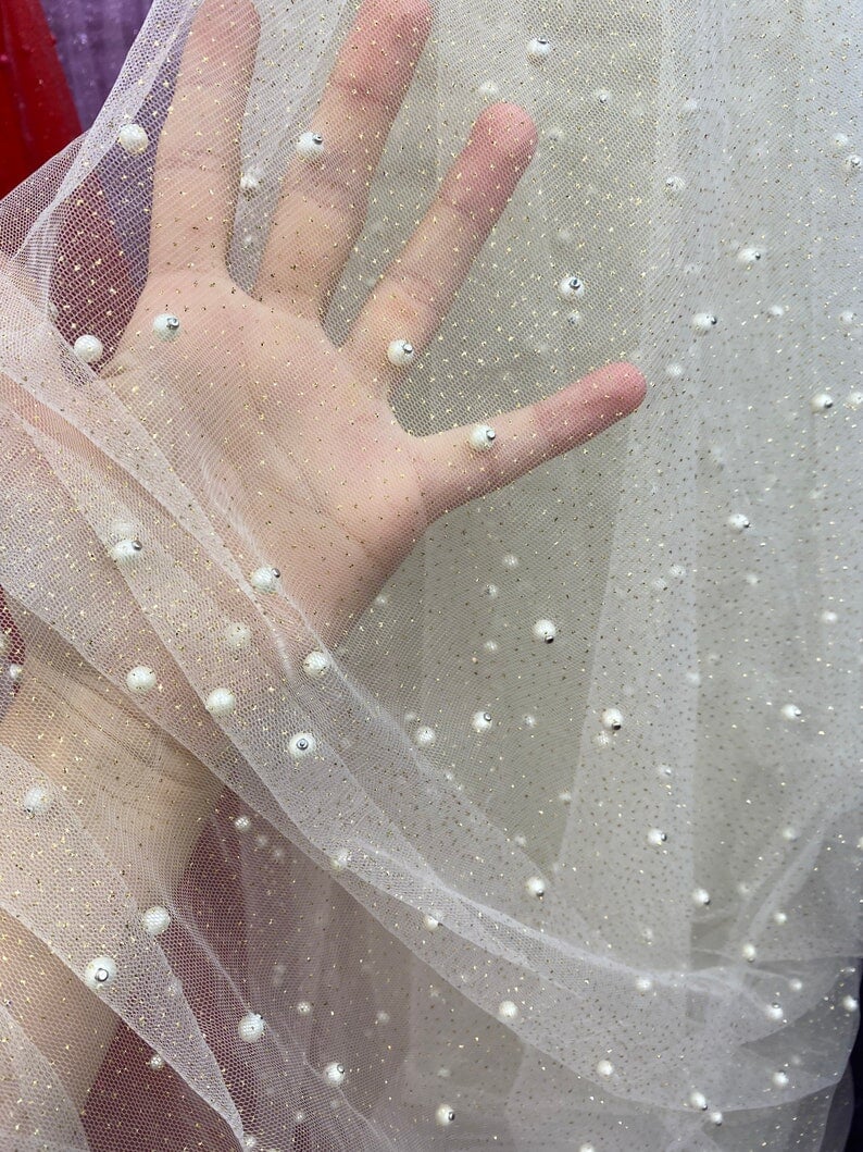 Pearl Beaded Glittery Mesh Tulle