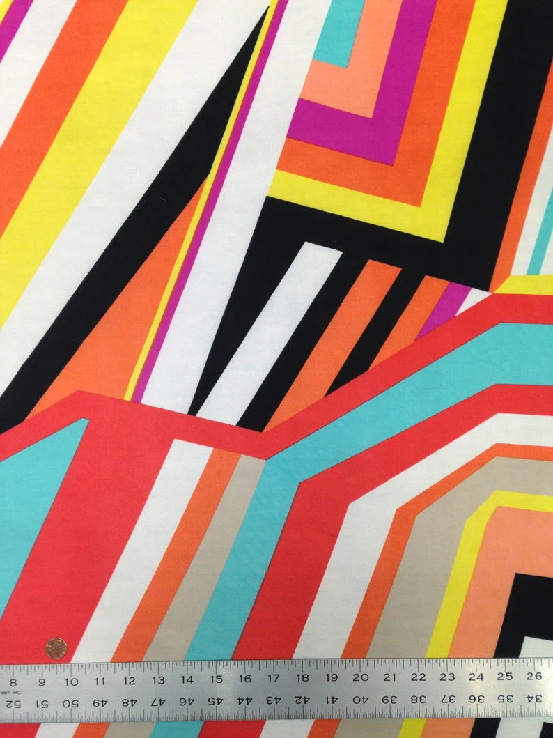 Big Geometric Lines Pattern Polyester Spandex Fabric - Black, White Geometric Lines, 58"-60" Width