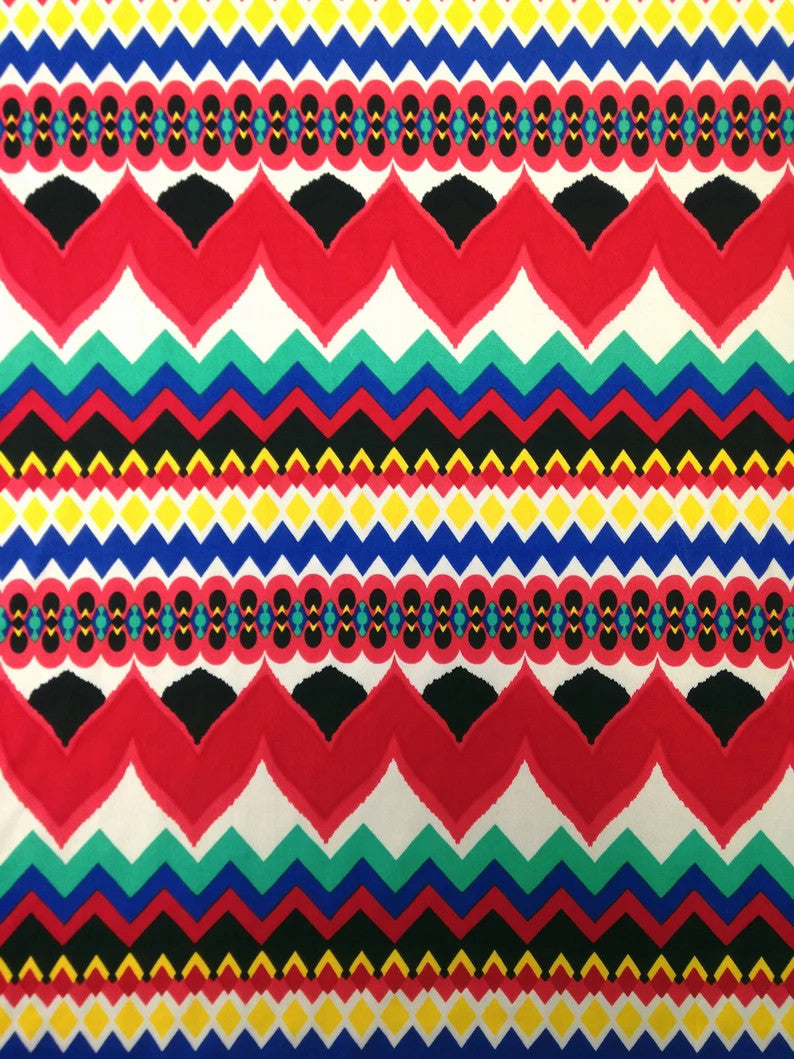Polyester Spandex Fabric - Colorful Chevron Design, Red/Royal, Orange/Royal, 58" To 60" Width